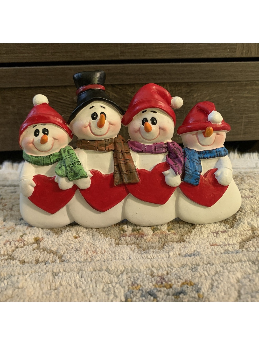 Snowman Family of 4 Christmas Decoration Resin Figurine Personalized Hearts